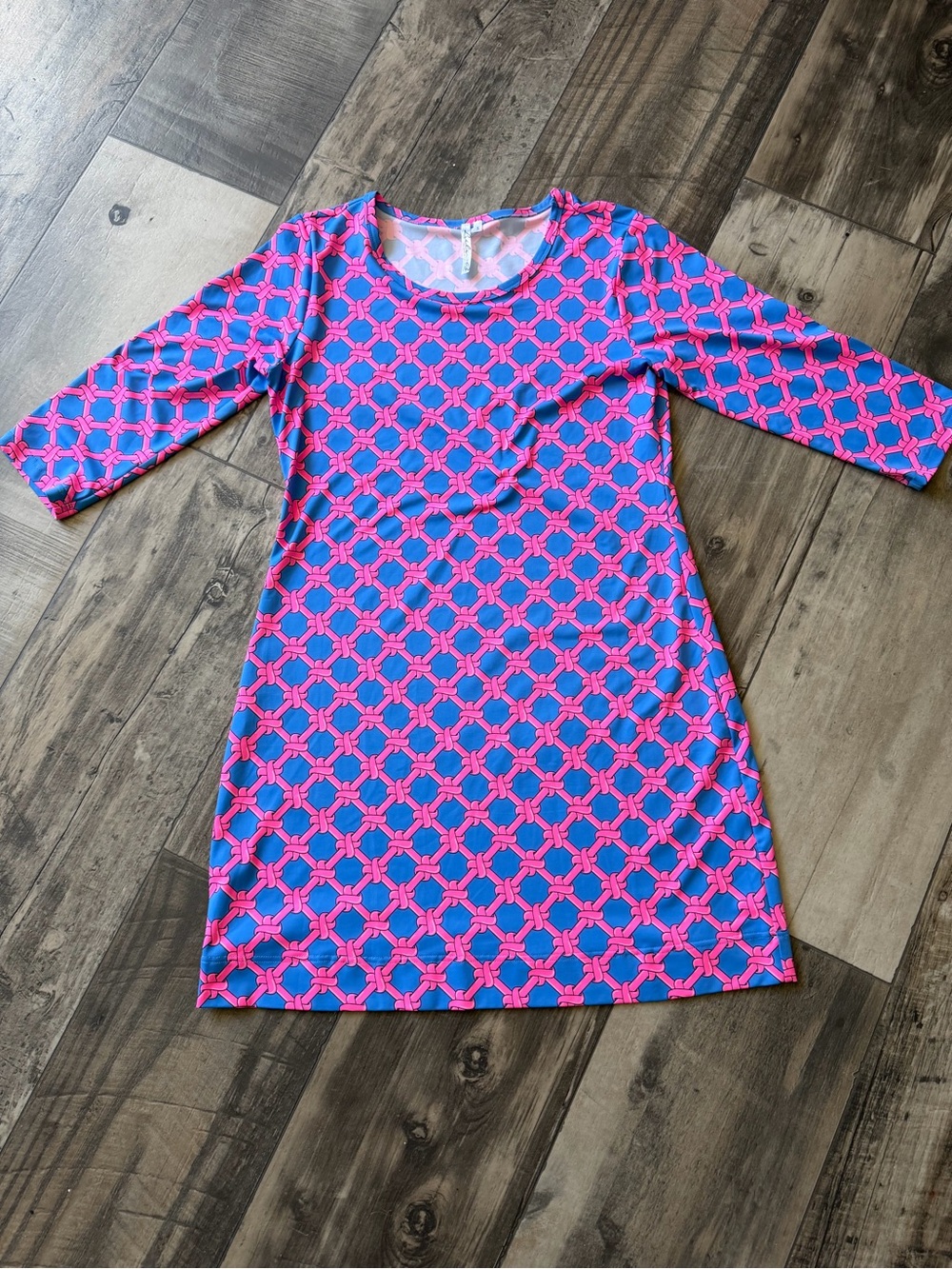 Lulu B Women's Size S Blue Pink Geometric 3/4 Sleeve Shift Dress Stretch Resort